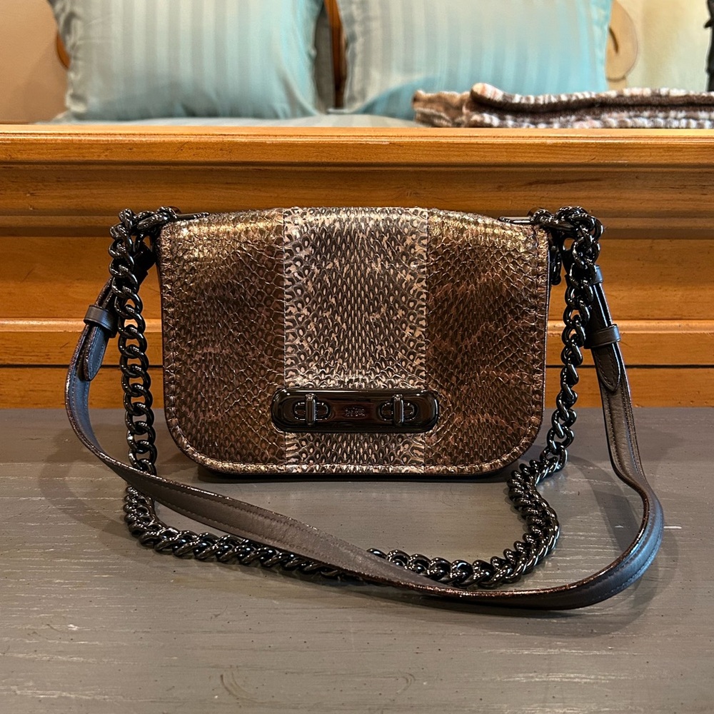 Coach Swagger 20 Metallic Striped Mixed Snakeskin Leather Shoulder Crossbody Bag